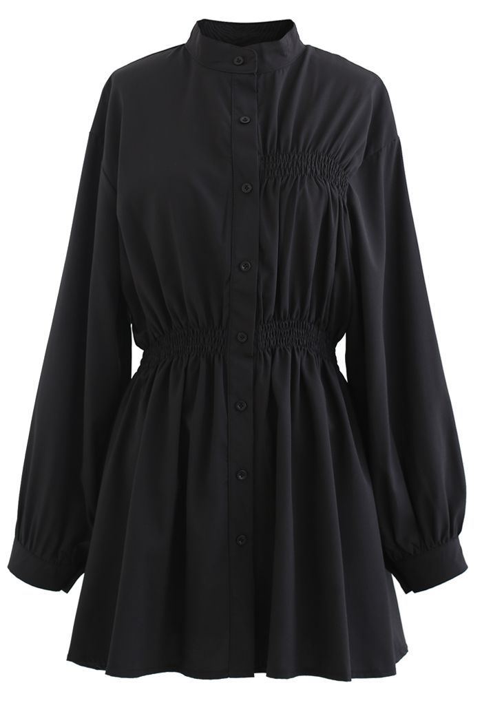 Asymmetric Shirred Button Down Shirt Dress in Black | Chicwish