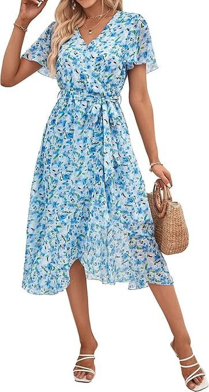 PRETTYGARDEN Women's Floral Boho Dress Wear To Work Wrap V Neck Short Sleeve Belted Ruffle Hem A-... | Walmart (US)