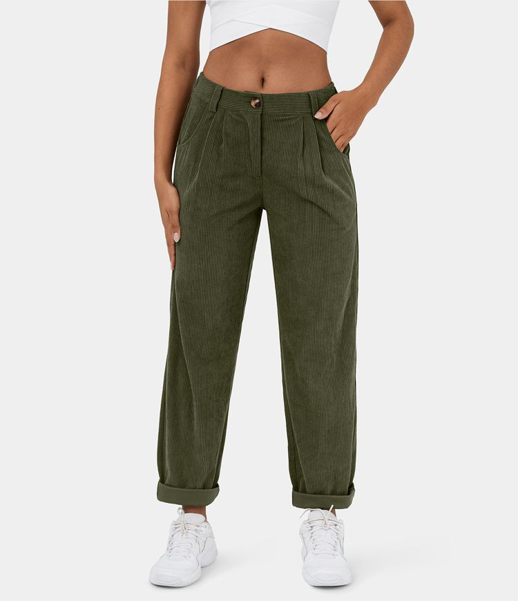 Women’s Mid Rise Button Zipper Side Pocket Corduroy Casual Pants - Halara | HALARA
