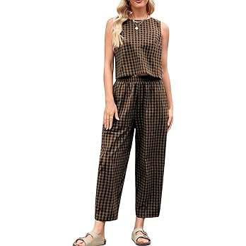 Womens Cotton Checker Set 2 Piece Beach Vacation Outfit Summer Tank Top Pants Suit | Amazon (US)
