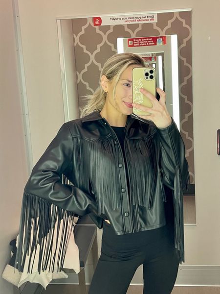 Faux leather fringe jacket from Target and under $50 🖤 fits true to size. // Nashville outfit inspo, western style, rodeo or country concert outfit. 

#LTKunder100 #LTKstyletip #LTKunder50