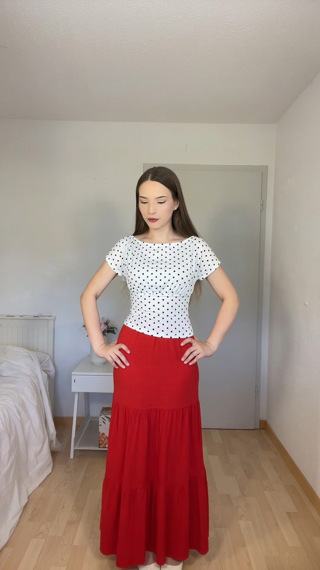 Red Church outfit

 church outfit, red maxi skirt, polka dot shirt, white pumps, black handbag, elegant church outfit, feminine outfit, modest fashion, Sunday outfit, classy outfit, Christian fashion, red skirt outfit, church look, modest outfit inspiration