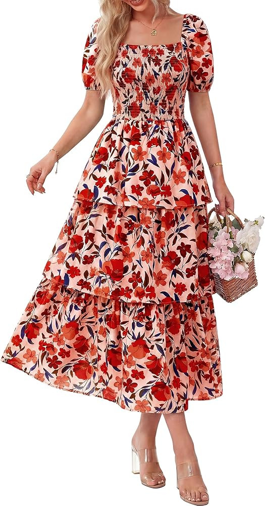 BTFBM Womens Square Neck Smocked Dress Summer Puff Short Sleeve Floral Casual Ruffle Tiered Maxi ... | Amazon (US)