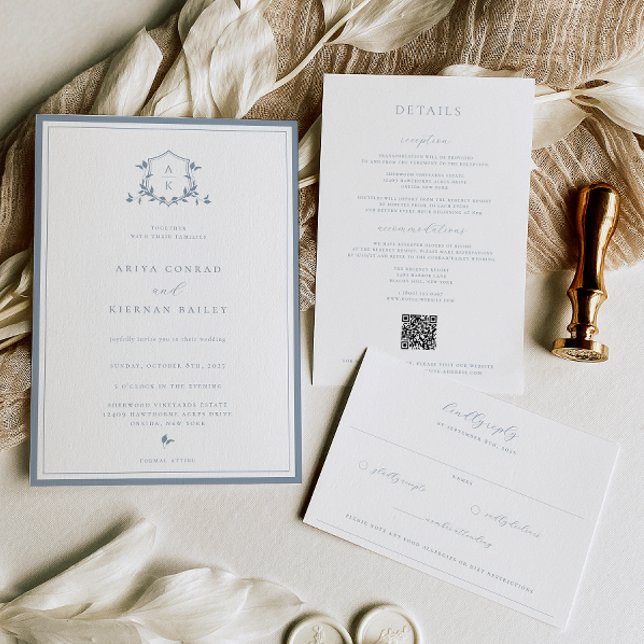 Timeless Vines Dusty Blue Crest Wedding Monogram Water Bottle Label | Zazzle | Zazzle