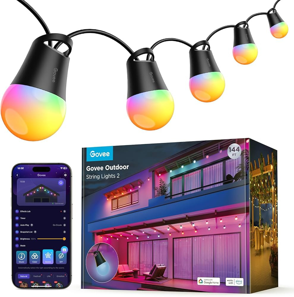 Govee Smart Outdoor String Lights 2, 144ft RGBIC Outdoor Lights with Dimmable Warm White LED Bulb... | Amazon (US)
