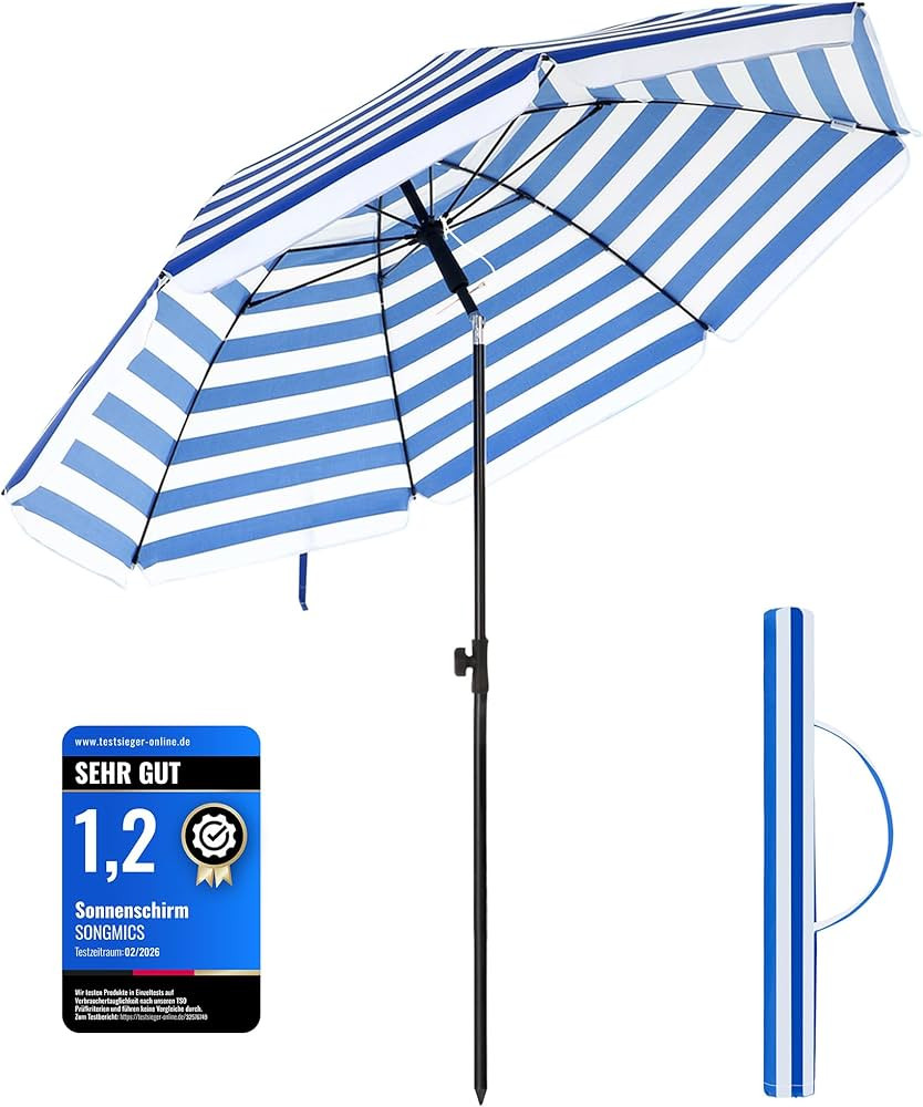 SONGMICS Sonnenschirm 160 cm, Sonnenschutz, UPF 50+, Strandschirm, beidseitig um 30\u00b0 knickba... | Amazon (DE)
