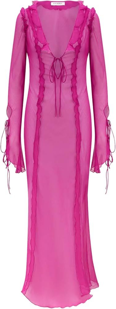 Women Y2k Sexy Sheer Mesh See Through Long Dress Gothtic Long Sleeve Bodycon Dress V Neck Tie Fro... | Amazon (US)