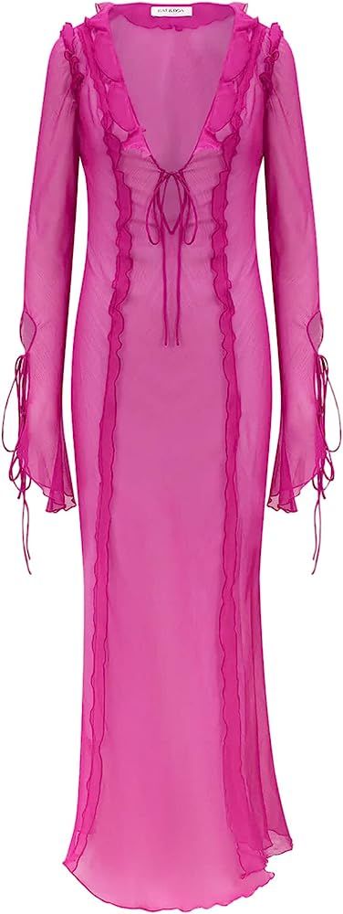 Women Y2k Sexy Sheer Mesh See Through Long Dress Gothtic Long Sleeve Bodycon Dress V Neck Tie Fro... | Amazon (US)
