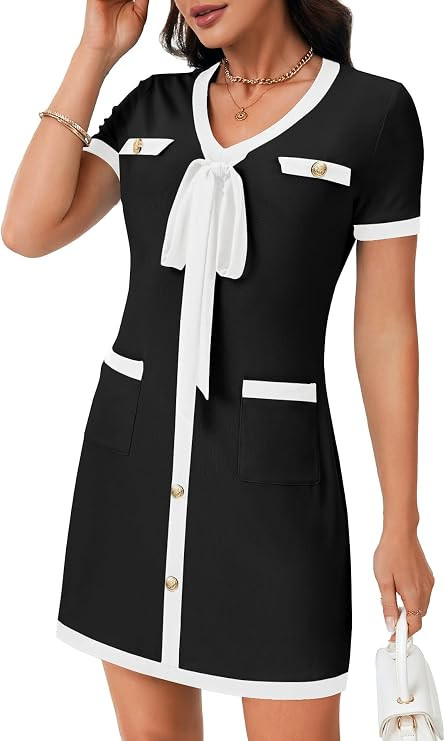 Rooscier Women's Short Sleeve Color Block Mini Dress Trendy Button Bow Elegant Work Casual Party ... | Amazon (US)