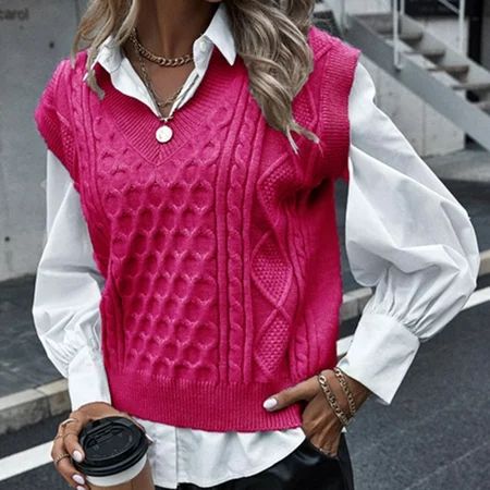 Fall Clothes For Women Fashion Women Casual V-Neck Hollow Diamond Knitted Vest Sweater Vest Jersey M | Walmart (US)