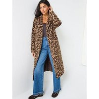 Pieces Leopard Print Long Coat - Print | Very (UK)