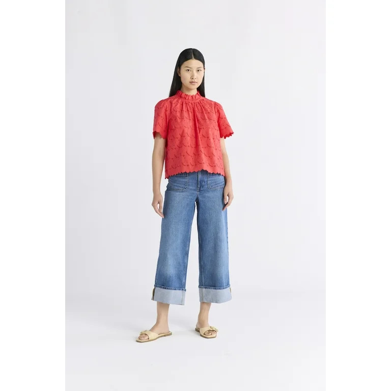 Free Assembly Women's Ruffle Cotton Eyelet Top with Short Sleeves, Sizes XS-4X | Walmart (US)
