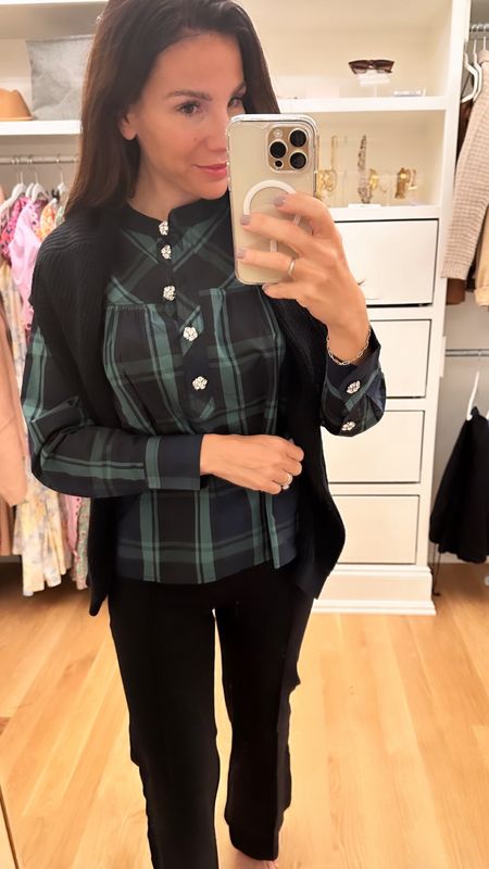 Spanxs perfect pants on sale, and fresco top with Jewel buttons in navy and black from J.Crew with their cardigan thrown over

I did an xs top
S for pants

#LTKCyberWeek #LTKSeasonal #LTKsalealert