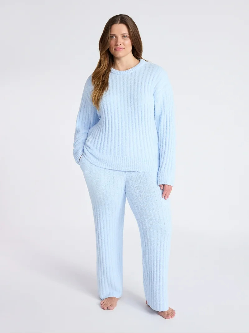 Joyspun Women's Cozy Ribbed Crewneck Top and Wide-Leg Pants Set, 2-Piece, Sizes XS-3X | Walmart (US)