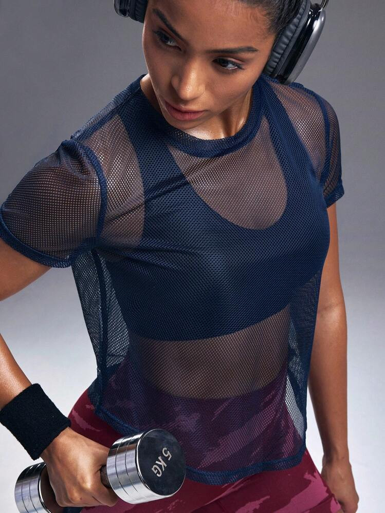 Powerista Mesh Tops For Women,Blue Activewear Top Gym Shirts | SHEIN