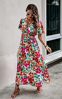 CCTOO Women's Summer Maxi Dress Casual Boho Floral Wrap V Neck Short Sleeve Ruffle Split Flowy Lo... | Amazon (US)