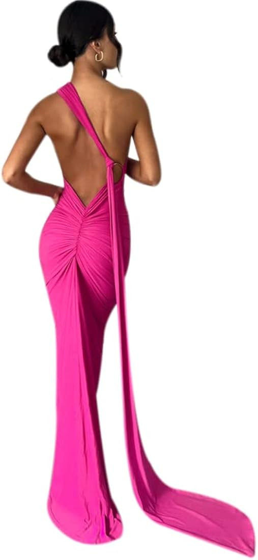 Women's Sexy One Shoulder Backless Maxi Dress Elegant Ruched O Ring Sleeveless Evening Dress Long Go | Amazon (US)
