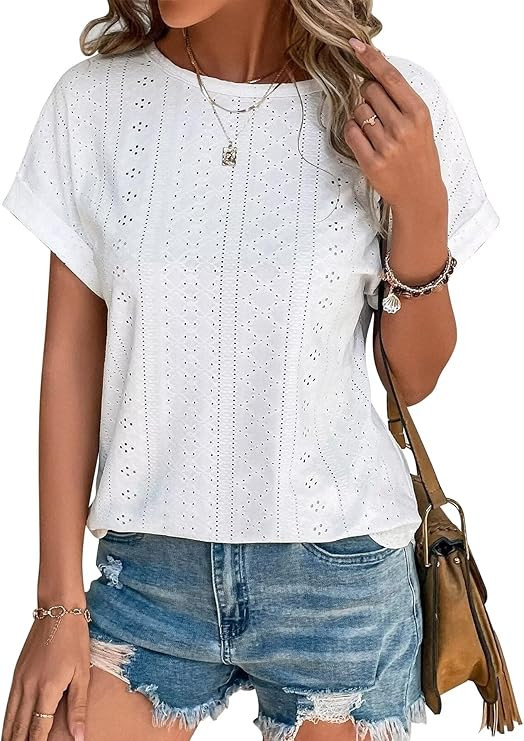 Bliwov Womens Tops Eyelet Embroidery Summer Spring Curved Hem Short Sleeve T Shirts Blouse Outfit... | Amazon (US)