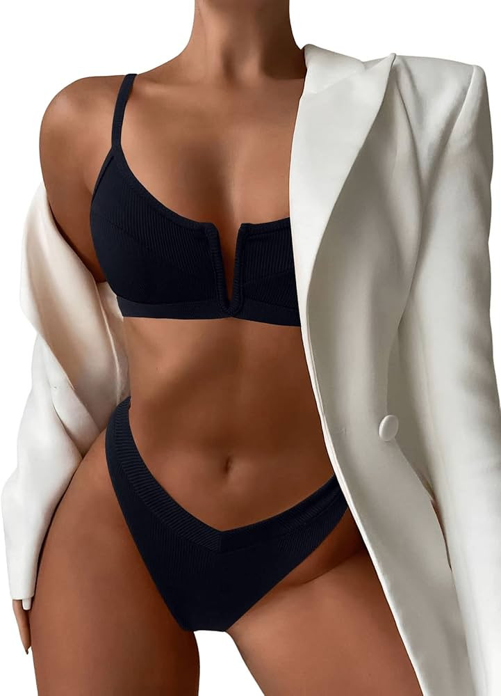 SweatyRocks Women's 2 Piece Bathing Suit Ribbed High Cut Bikini Set Swimsuit Beachwear | Amazon (US)