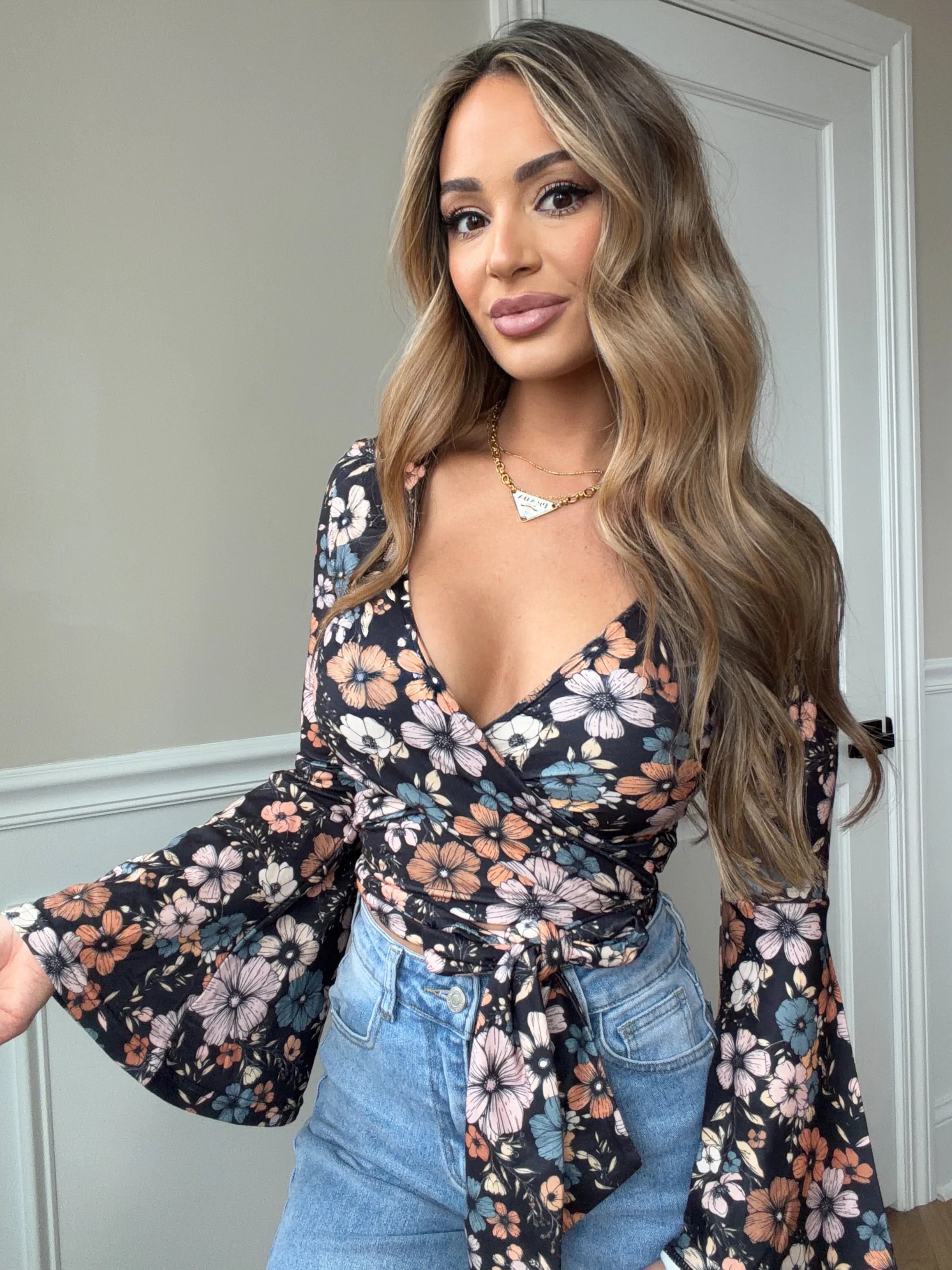 Woodstock Floral Bell Sleeve Wrap Top - Moonlit | Willow Boutique