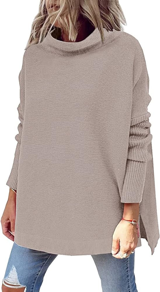 LILLUSORY Women's Mock Turtleneck Casual Oversized Sweater Long Batwing Sleeve Split Hem Ribbed K... | Amazon (US)