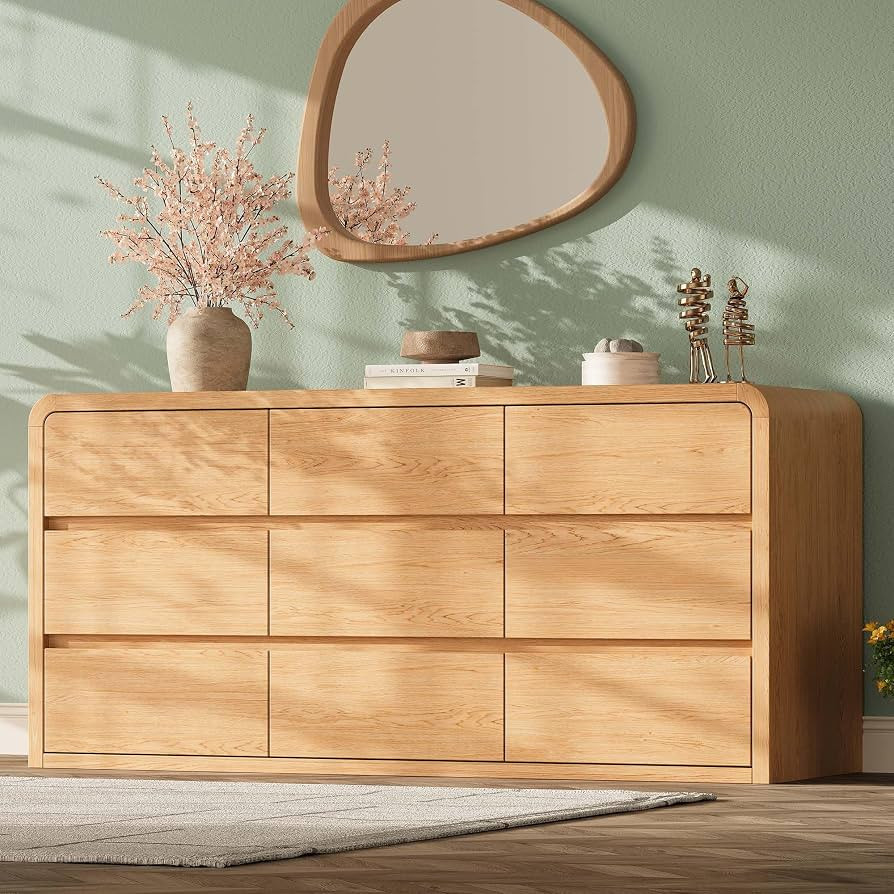Modern 63" Wide 9 Drawers Dresser with Curved Profile Design,Oak | Amazon (US)