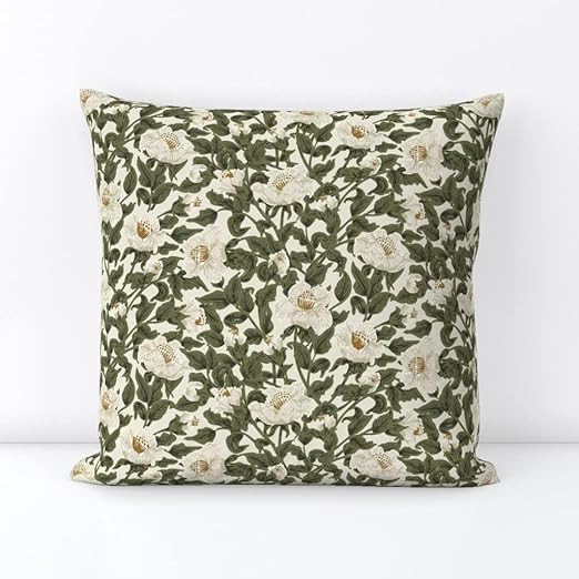 Spoonflower Square Throw Pillow, 18", Linen Cotton Canvas - Garden Cream Olive Green Vintage Flow... | Amazon (US)