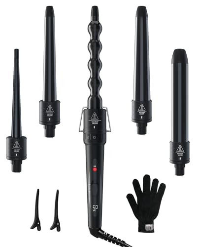5 in 1 Curling Wand Set: Ohuhu Curling Iron Wand 5Pcs 0.35 to 1.25 Inch Interchangeable Ceramic Barrel Heat Protective Glove 2 Clips Dual Voltage Hair Curler for Girls Women Mother Gift Black | Amazon (US)