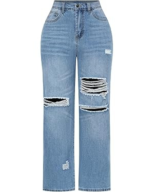 THUNDER STAR Womens High Waisted Wide Leg Jeans Stretchy Distressed Denim Pants | Amazon (US)