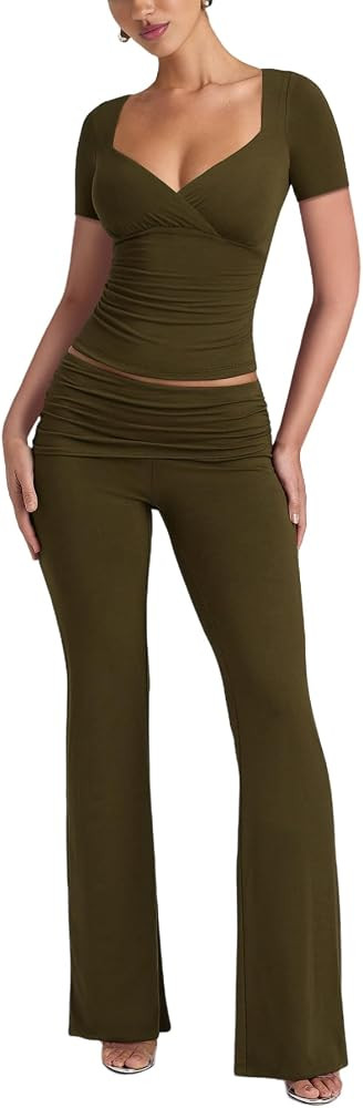 Lrady Womens 2 Piece Outfits Lounge Sets Lightweight Comfy Slim Crop Tops Fold Over Flare Pants T... | Amazon (US)