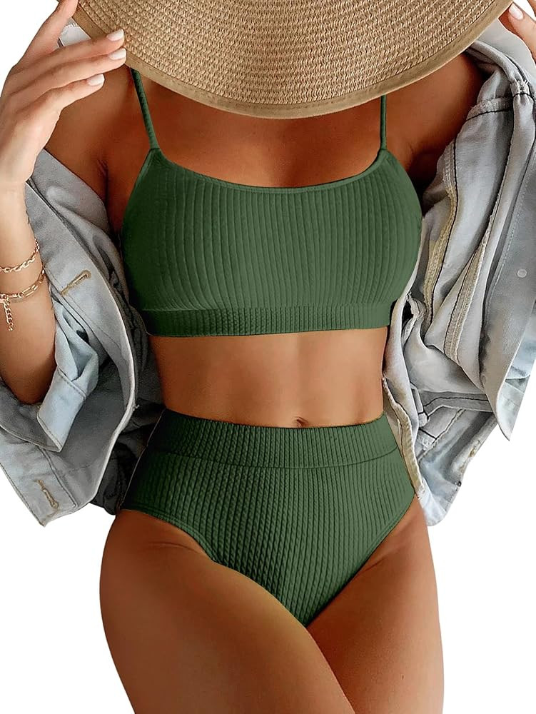 Lilosy High Waisted Tummy Control Ribbed Bikini Crop Top Brazilian Swimsuit Set 2 Piece | Amazon (US)
