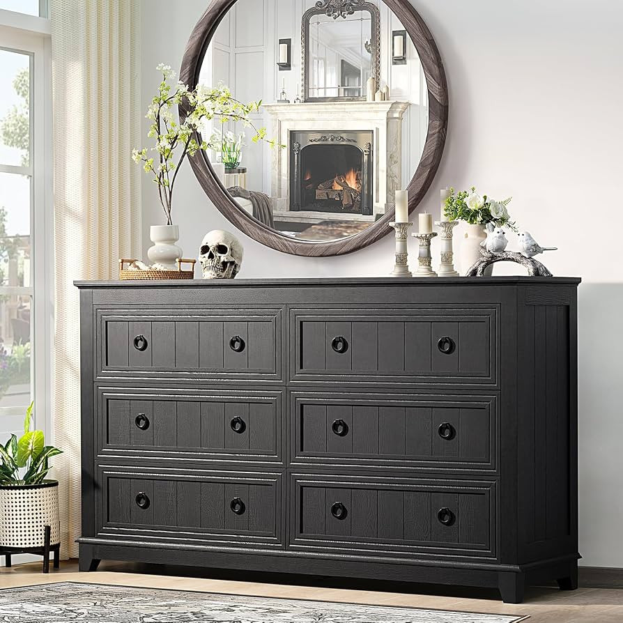 6 Drawers Dresser for Bedroom, Farmhouse 54 Inch Wide Wood Dresser Chest of Drawers, Vintage Desi... | Amazon (US)