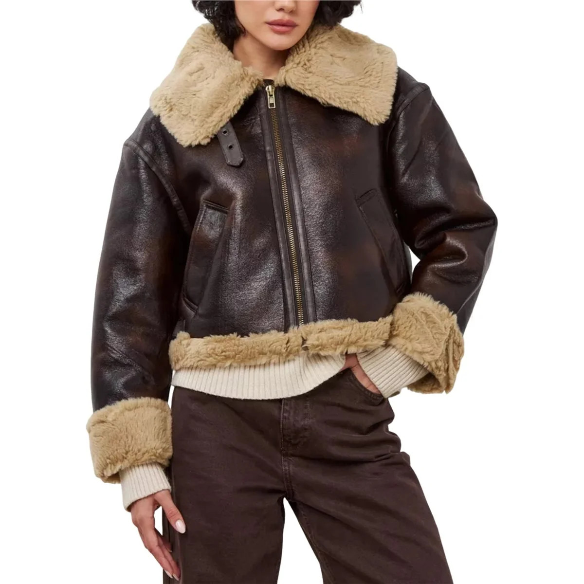Women Faux Leather Jacket with Faux Fur Lining Warm Winter Biker Coat Brown XL | Walmart (US)