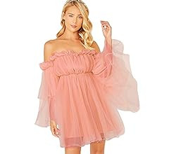 Romwe Women's Romantic Off Shoulder Flounce Long Sleeve Wedding Ruffle Mesh Party Mini Dress | Amazon (US)