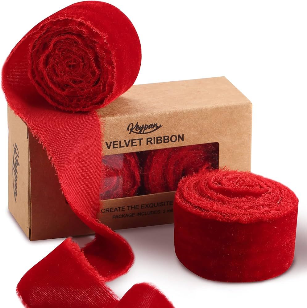 Velvet Ribbon for Gift Wrapping - Keypan Red Handmade Fringe Ribbons for Crafts Bouquet Wedding D... | Amazon (US)