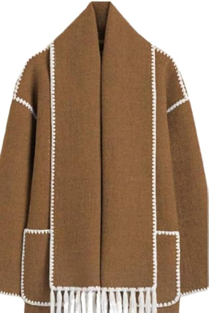 Women Wool Coat Winter Pea Coat Jacket Button Down Woolen Tassel Scarf Tench Coat Peacoat Pockets | Amazon (US)