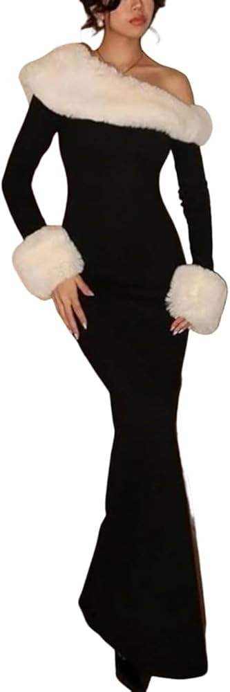 Womens Long Sleeve Wedding Dresses for Brides Off Shoulder Ruched Satin Faux Fur Midi Gowns | Amazon (US)