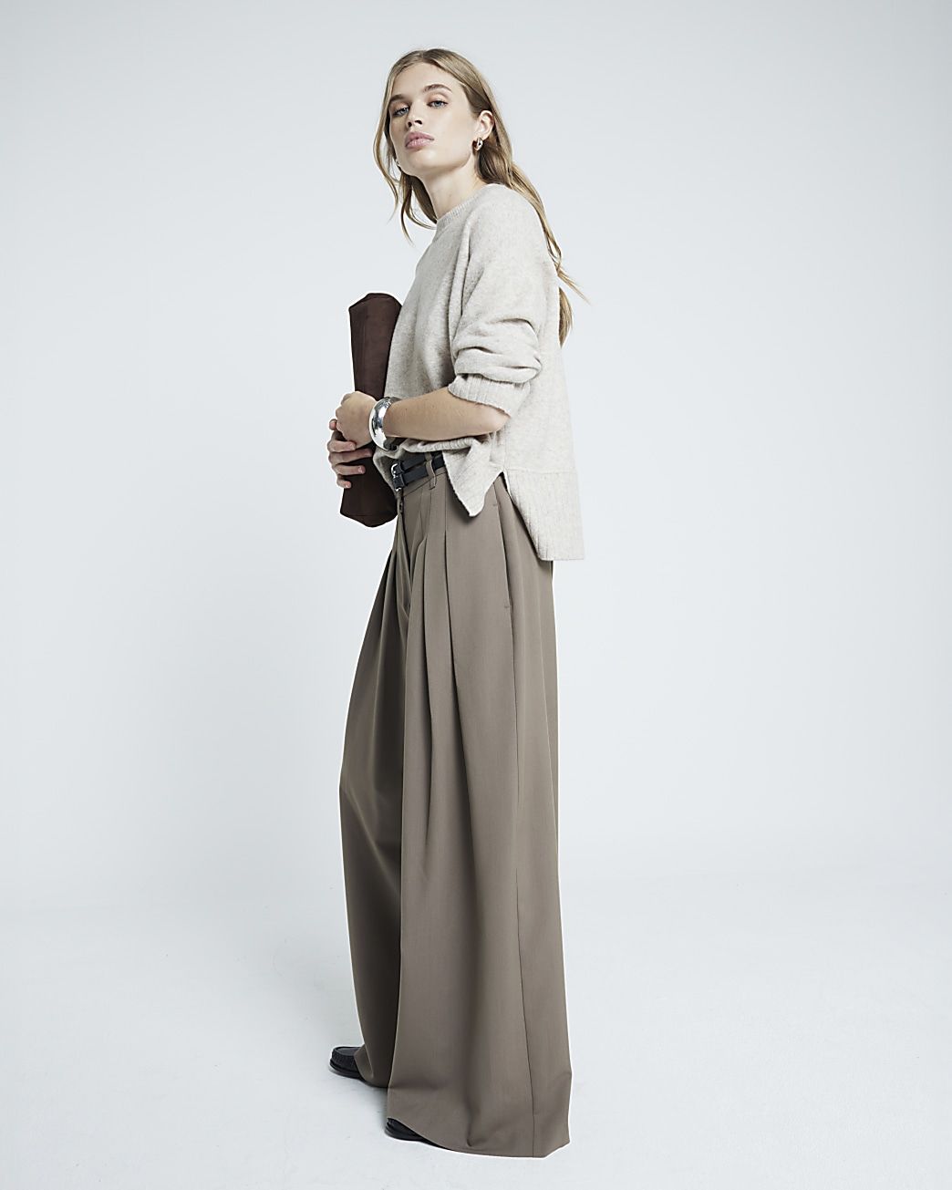 Beige Double Belted Wide Leg Trousers | River Island (UK & IE)