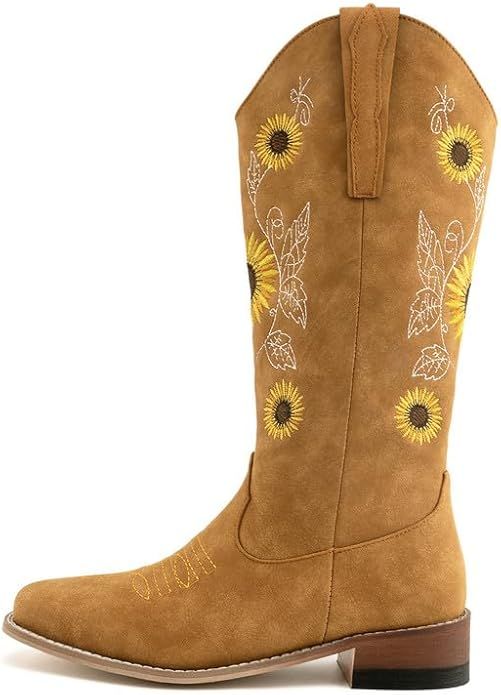 WIRALOMI Sunflower Cowboy Boots for Women, Embroidery Cowgirl Mid Calf Boots with Floral, Pointed... | Amazon (US)