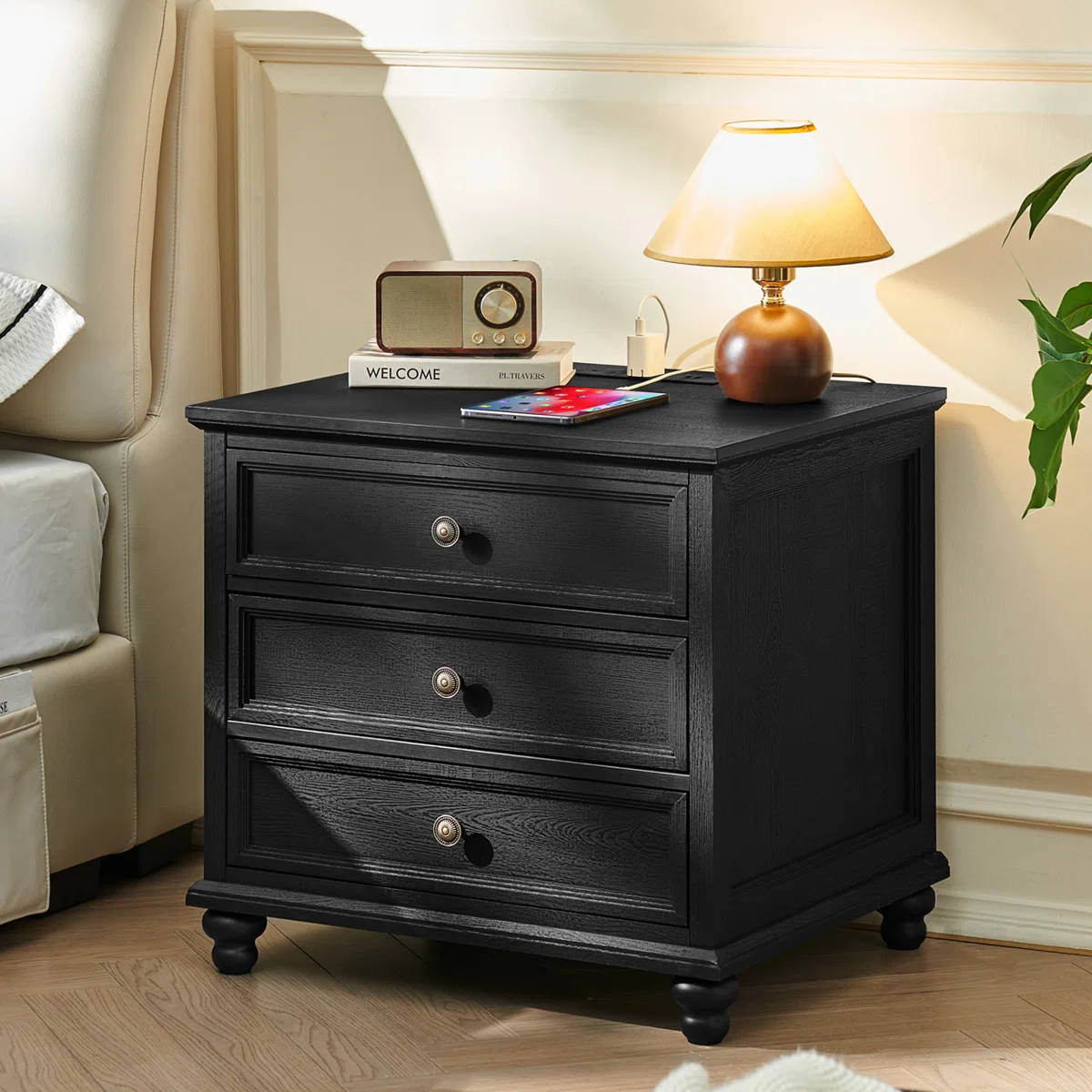 Farmhouse Nightstand With Charging Station, 24" Wide End Table With 3 Drawers,Wood Dresser Cabine... | Wayfair North America