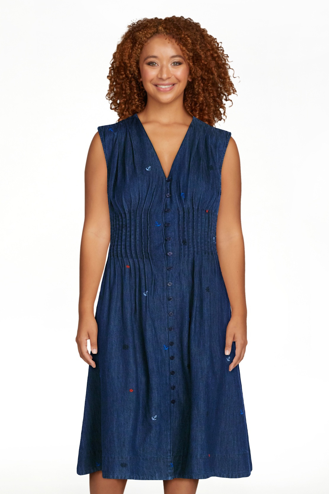 Free Assembly Women's Sleeveless Embroidered Denim V-Neck Midi Dress, Sizes XS-4X | Walmart (US)