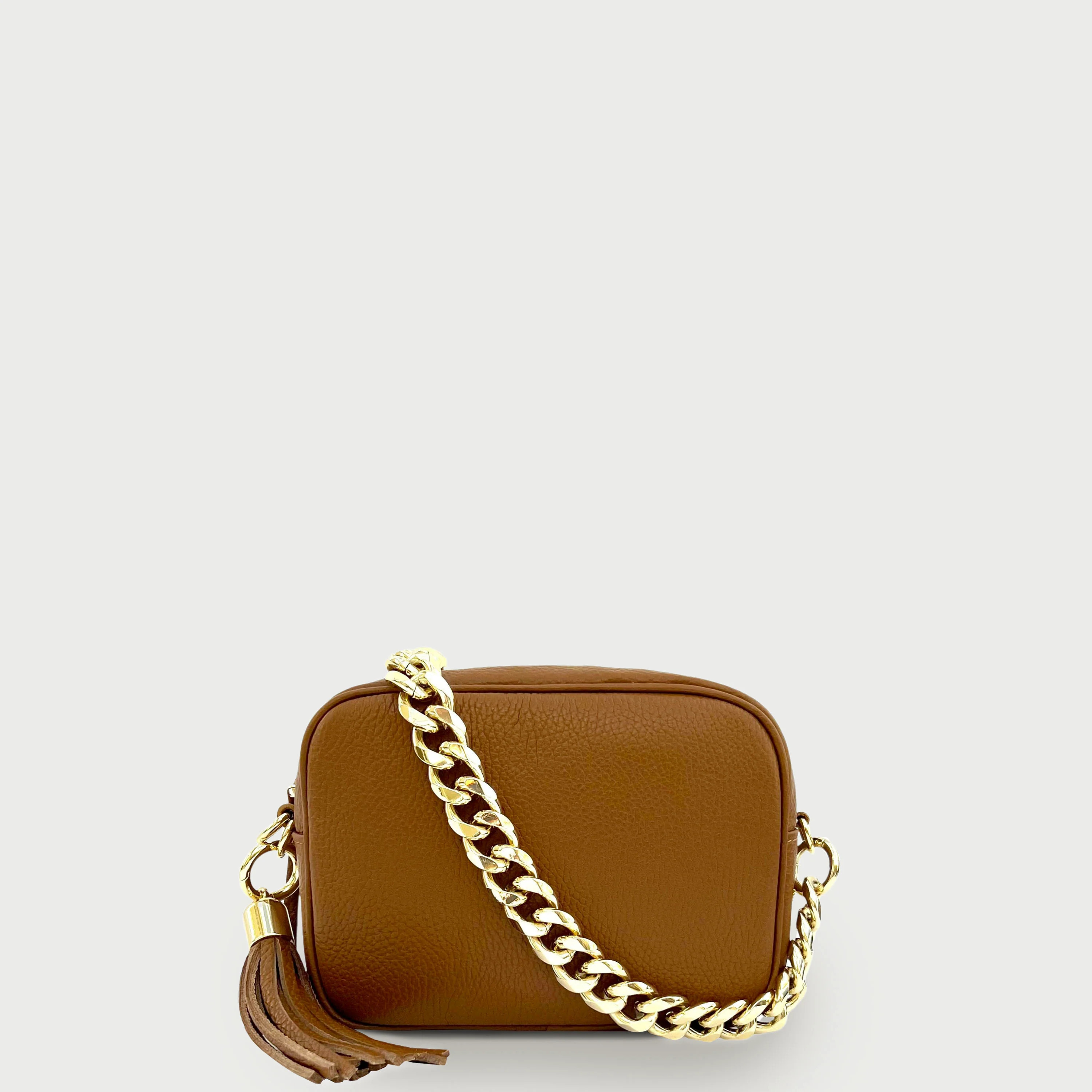 Tan Leather Crossbody Bag With Gold Chain Strap | Shop Simon