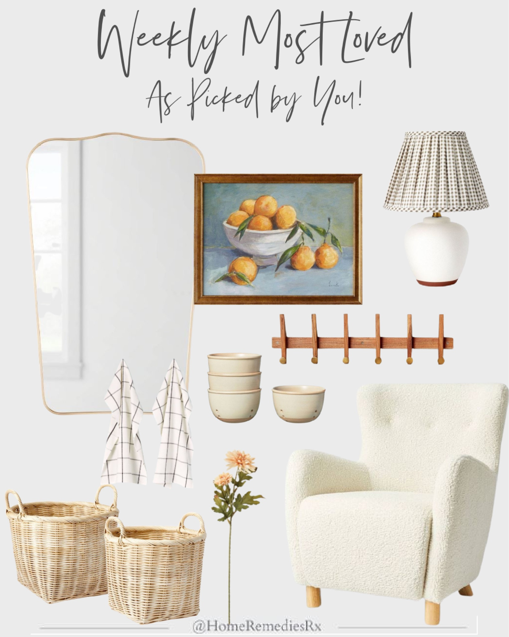 Weekly Most Loved- picked by you! home decor, furniture, metal framed arched wall mirror, citrus wall art, framed canvas, stoneware berry bowl, table lamp with gingham shade, seagrass basket, wicker, Kessler sherpa accent wingback chair, wood and brass wall hook, coat rack, gridlines tea towel, kitchen towel, floral stem, entryway, living room, bedroom, guest room, cabinet, modern farmhouse, cottage, Target, Threshold, Studio McGee, Hearth & Hand, Magnolia

#LTKhome #LTKstyletip #LTKFind