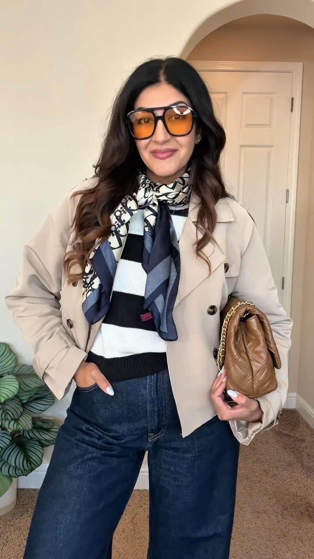 This casual office outfit to weekend outfit is going to be on repeat. This striped sweater is so soft, paired with dark denim, cropped trench coat, this Dior Scarf and aviators. #falloutfit #trenchcoat #knittop
#abercrombie #Parisian 

#LTKSeasonal #LTKFallSale #LTKWorkwear