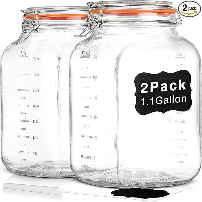 [UPGRADE] 2 Pack Square Super Wide Mouth Airtight Glass Storage Jars with Lids, 1.1 Gallon Glass ... | Amazon (US)