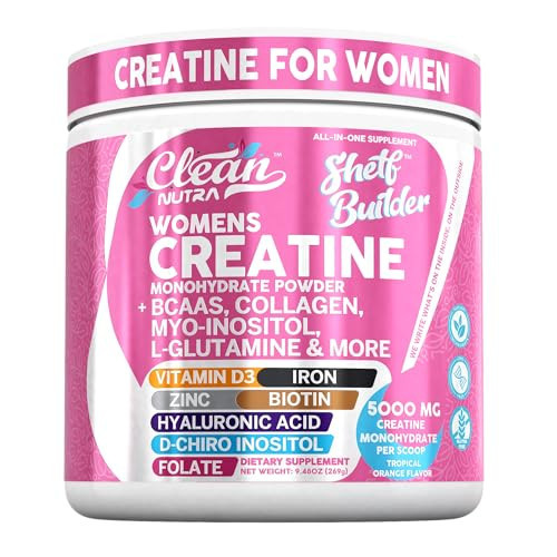 Creatine for Women | Creatine Monohydrate + BCAA Powder Myo-Inositol Collagen Biotin Hyaluronic Acid Folate L Glutamine Vitamin D3 Iron Zinc D-Chiro-Maca Digestion Shelf Builder by Clean Nutra | Amazon (US)