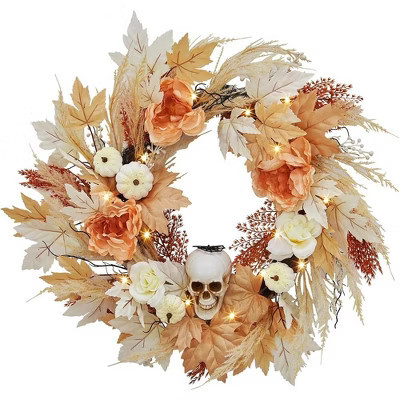 22 Inch Halloween Wreath for Front Door, Halloween Skull Wreath with Lights White Pumpkins Roses, Halloween Decorations Fall Maple Leaves Wreath | Target