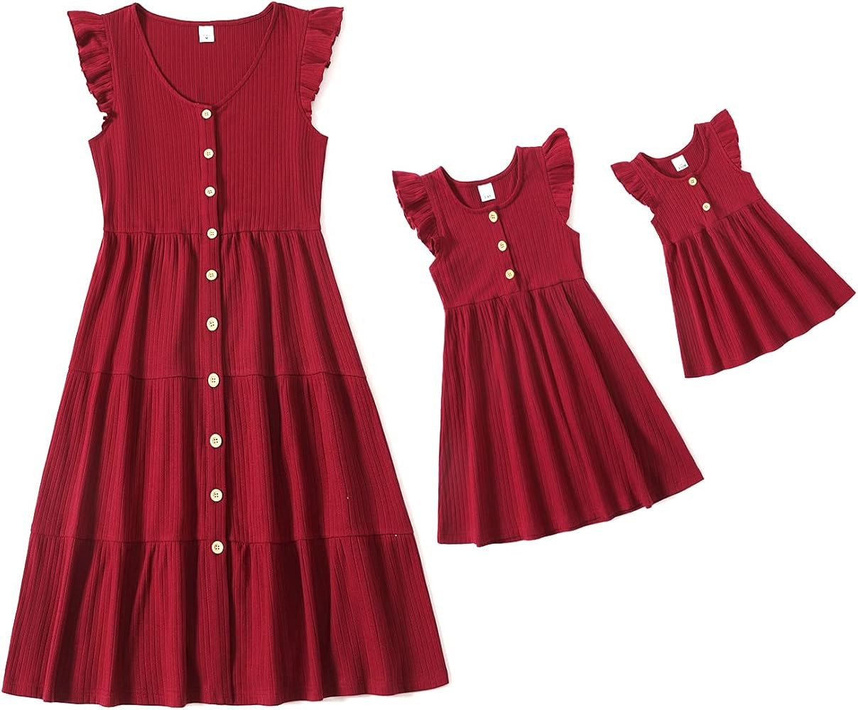 IFFEI Matching Family Dresses Cotton Ruffle Decor Mommy and Me Matching Dress | Amazon (US)