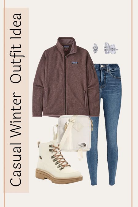 Casual winter outfit idea!! Patagonia zip up sweatshirt, skinny blue jeans, ivory lace up hiking boots, ivory crossbody purse, diamond earrings!! More winter outfits on my page! 

#LTKshoecrush #LTKSeasonal #LTKunder100