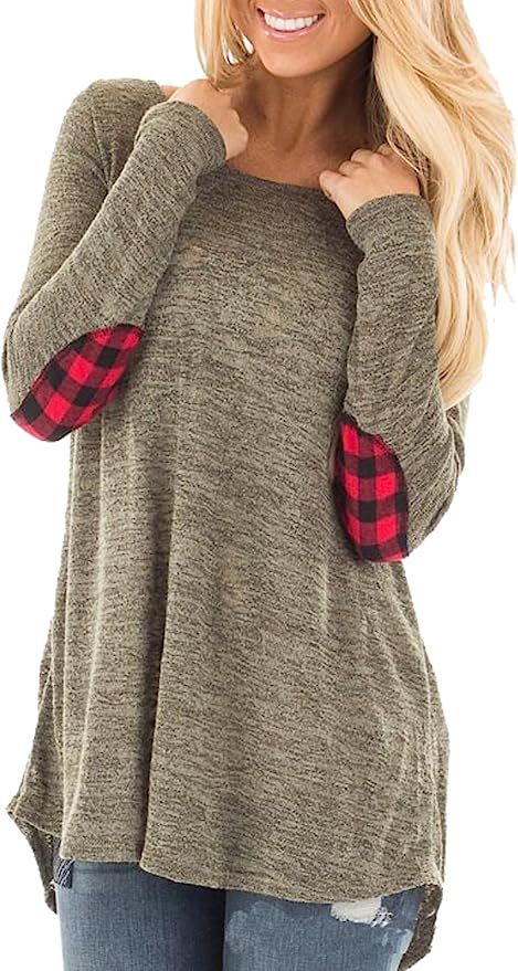 Hount Womens Round Neck Long Sleeve Sweatshirts Elbow Patchwork Tunic Tops with Button | Amazon (US)